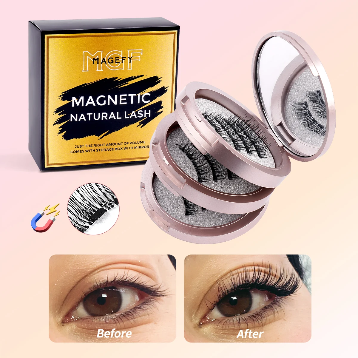MAGEFY 3 pares de pestañas magnéticas en caja, sin necesidad de pegamento, pestañas Manga reutilizables, pestañas tipo ojo de gato, aspecto Natural, fáciles de usar y quitar