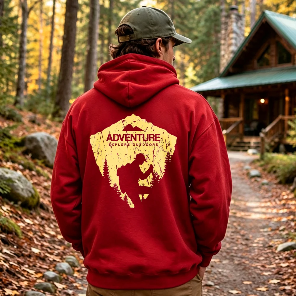 Adventure Explore Outdoors Hiker Silhouette Distressed Badge Graphic Hoodie Front Sweatshirt Vintage Mountain Wilderness Hooded