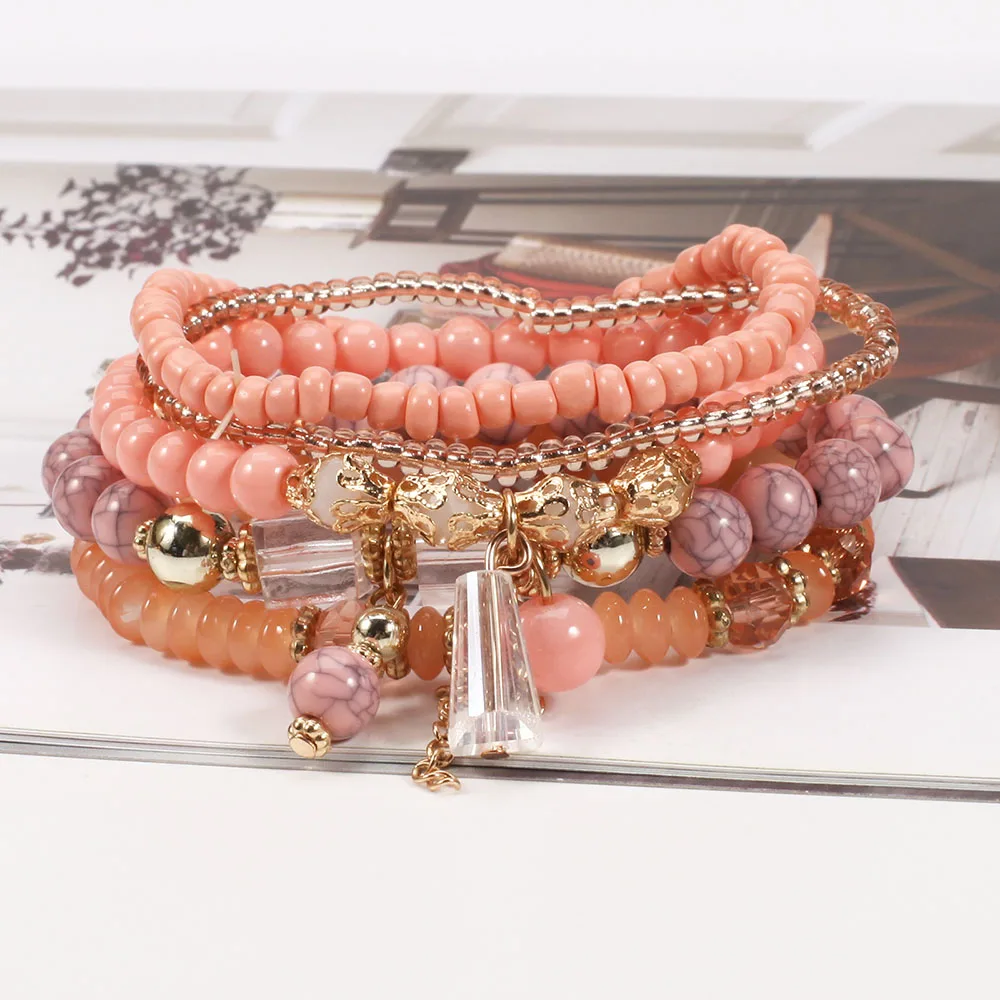 Boho Tassel Stackable Beaded Bracelet Set for Women Multi Layer Summer Vacation Wrist Chain Girl Bohemian Hand Jewelry Accessory