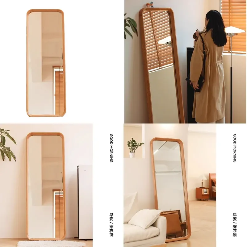 Nordic Cherry Wood Full Length Mirror Solid Wood Floor Standing Wall Mounted Punch Free Home Decor