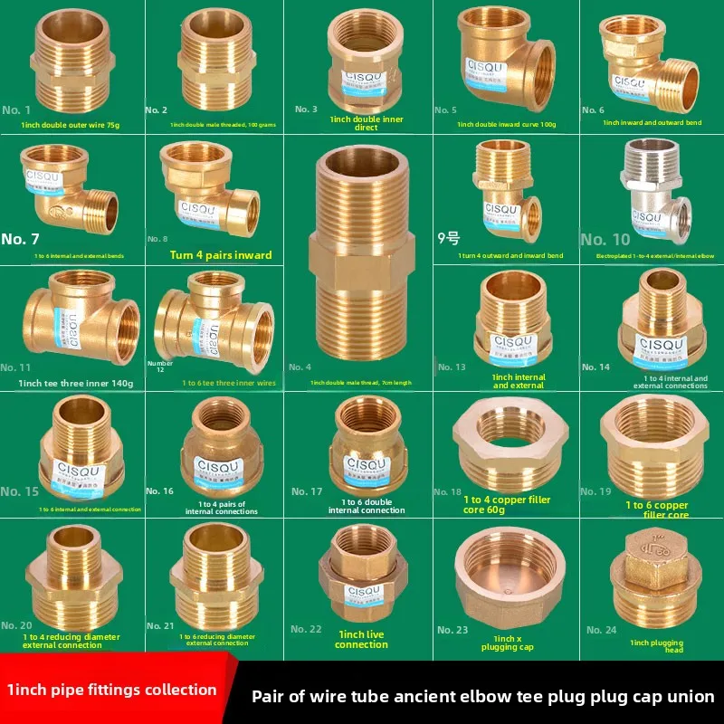 1-Inch Brass Joint with Internal Teeth and Curved End Becomes 4/8 External Teeth Direct Pipe, Then Double External Threaded Pipe