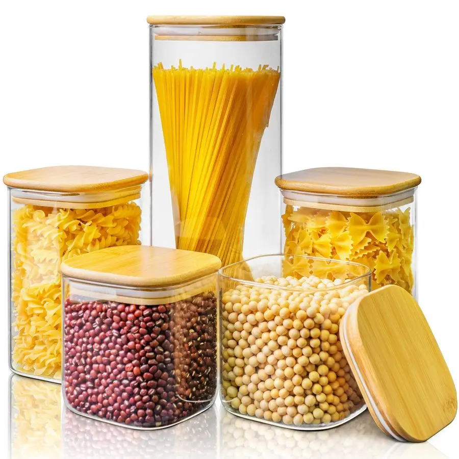 

Size 5 Pack Square Glass Jars with Bamboo Lids, Glass Food Storage Containers with Airtight Lids for Kitchen, Air Tight Pantry S