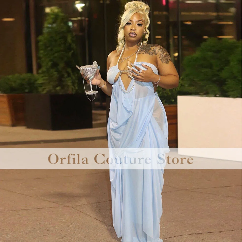 Luz azul sexy vestidos de noite 2025 halter pescoço sereia vestido de festa de casamento para mulheres vestidos de baile personalizados