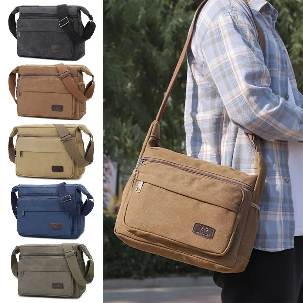 Casual Canvas Men Shoulder Bags Multi Pockets Wear-resistant Tool Satchel Bag Large Capacity Tote Storage Pocket