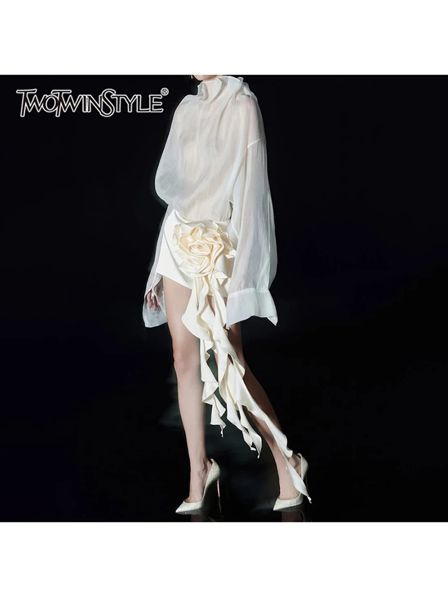 TWOTWINSTYLE Solid Spliced Appliques Loose Blouses For Women Ruffles Neck Long Sleeves Temperament Minimalsit Shirts Female New