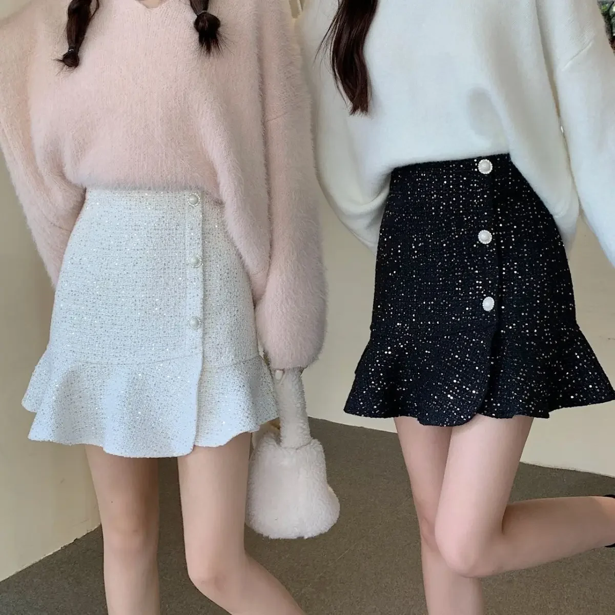 

Korean small fragrance sequined skirt skirt women's autumn and winter new high waist slim tweed flounced A fishtail skirt