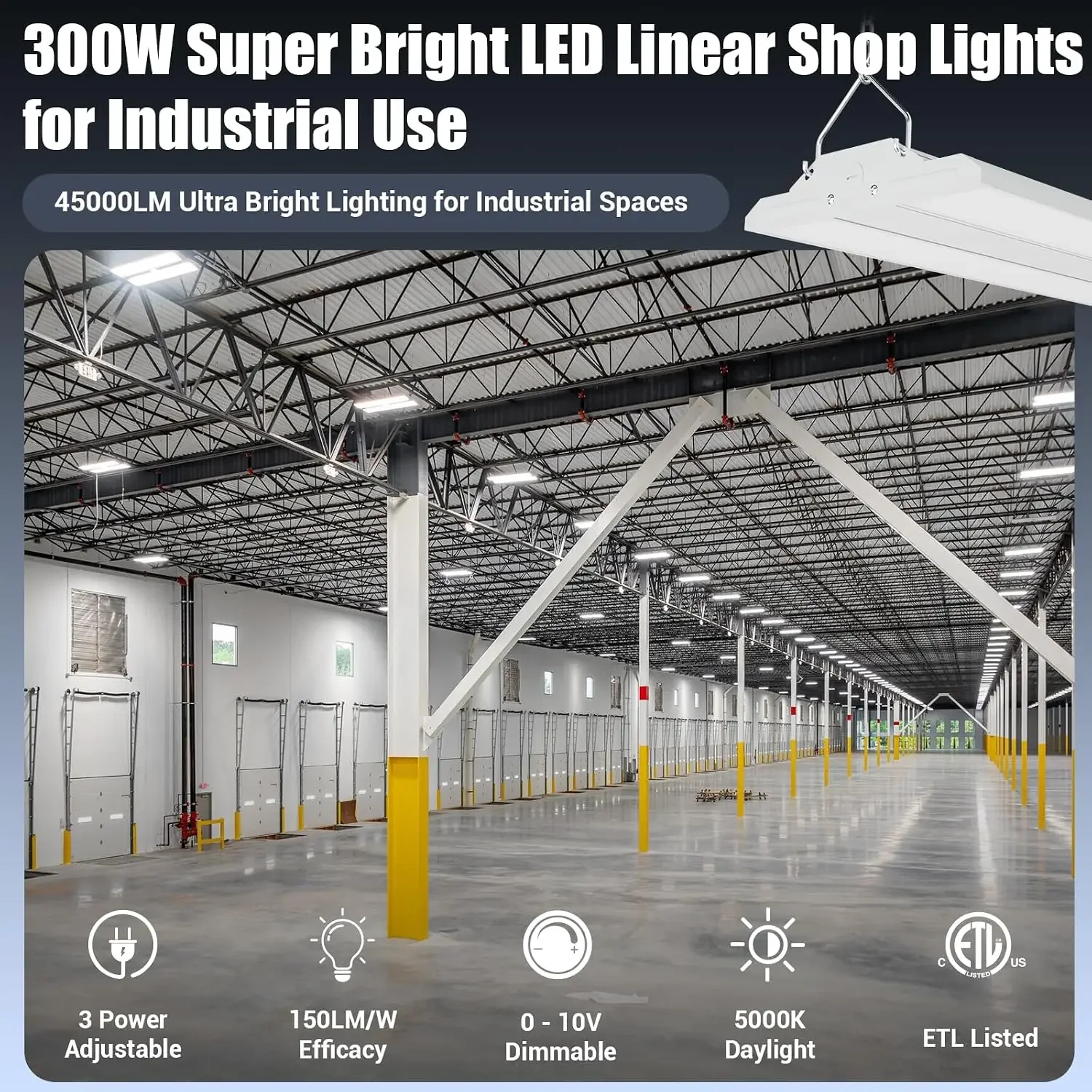 LED Linear Shop Lights 300W, 45000LM Led High Bay Lights 4Pack | 5000K Daylight 120-277V, Led Garage Light for Shop Workshop Sto