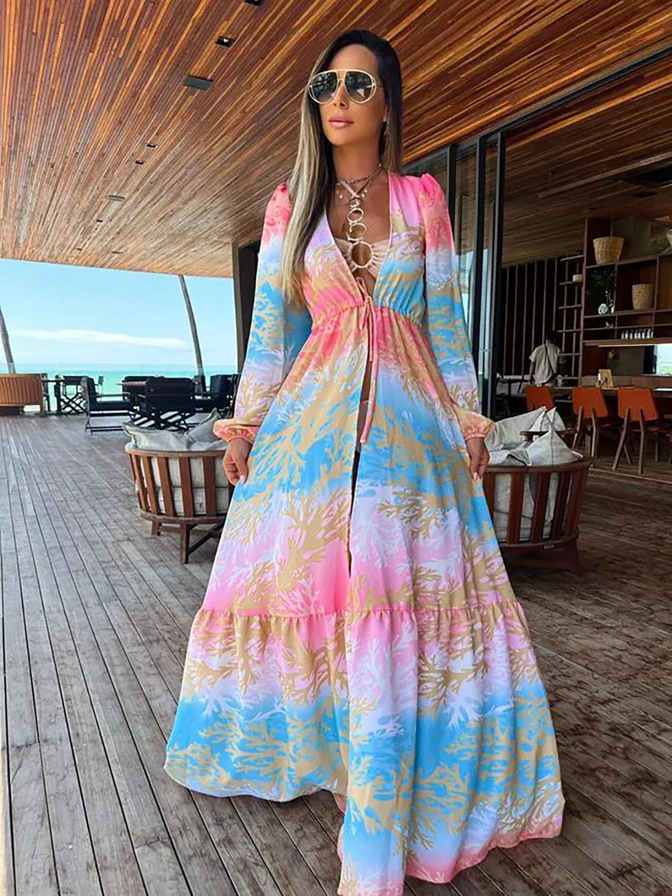 Summer Women Sexy Print Cover Up Tie Up Long Sleeve V-Neck Bathing Suit Female Elegant Causal Long Dress Beach tunic