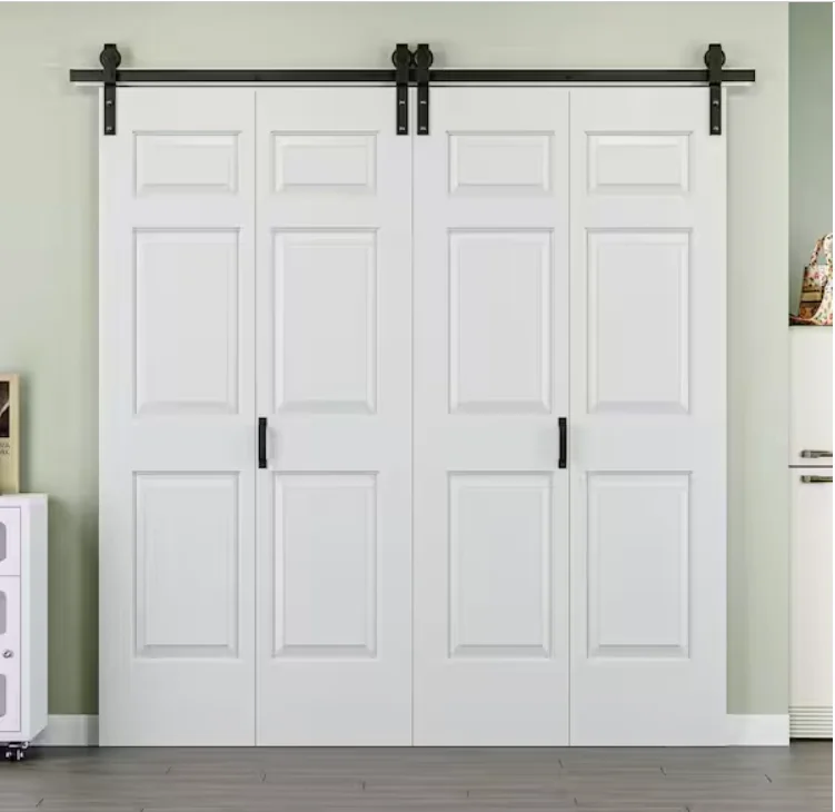 80 in. x 84 in. Paneled 6-Lite White Primed MDF Composite Bi-fold Sliding Barn Door with Hardware Kit and Handle