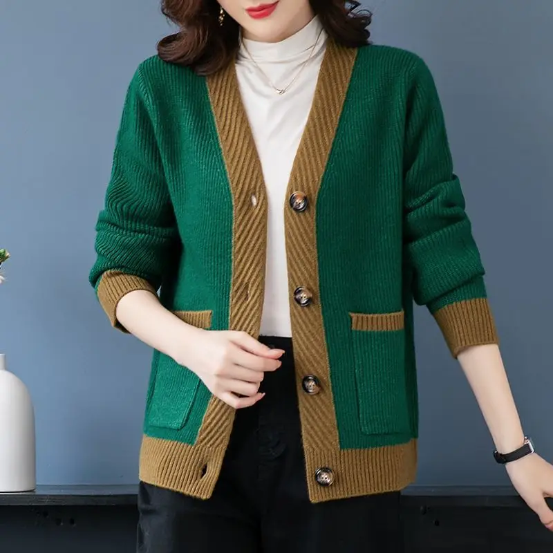 

Fashion Vintage Women Clothing Cardigan Sweater Autumn Winter Thicken Warm Long Sleeve V-neck Contrast Loose Casual Knitted Coat