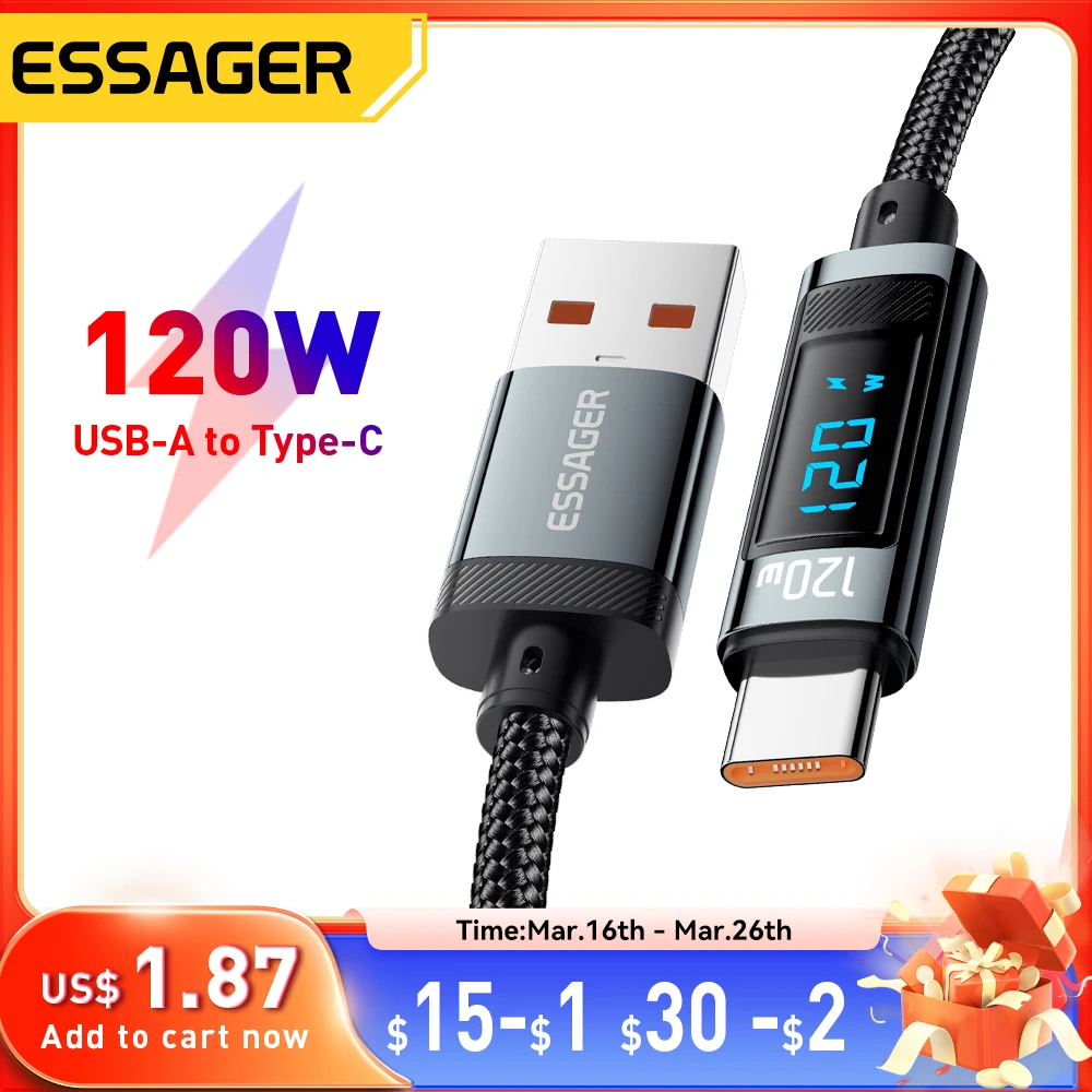 Essager 120W USB  Type C Cable Fast Charging USB C Charger Cord For For iPhone 15 14 13 12 Huawei With Led Digital Display Cable