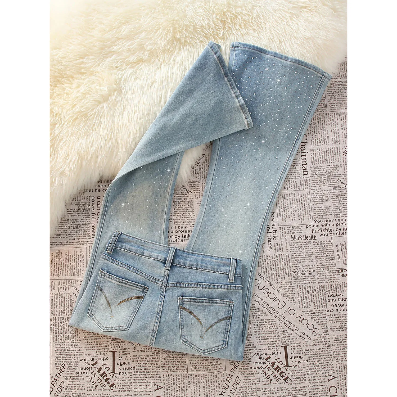 

Women Hot Diamond Light Blue Jeans 2026 New Spring Autumn High Waist Slim Denim Flare Pants Lady Korean Bell-bottom Jeans Pants