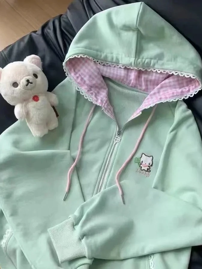 

Милый кружевной тонкий свитшот с вышивкой и капюшоном на молнии, женская универсальная верхняя одежда, кардиган, весна-лето, хлопковый длинный све