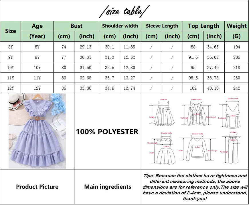 【Free Belt】Children Dress Teens Girls Clothing Short Sleeve 8 9 10 11 12 Years Summer Simple Graceful Ruffled Kids Girl Dress