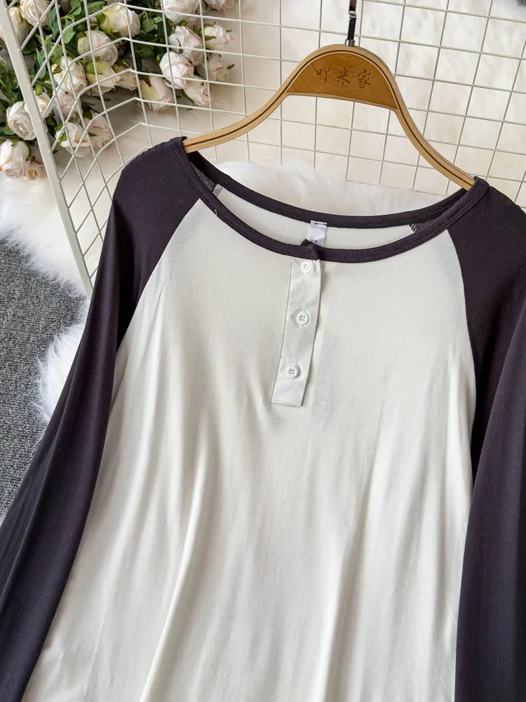 2025 Spring and Autumn New Korean Version Loose Button Round Neck Long Sleeve Shirt Women's Design Sense Color Matching Top