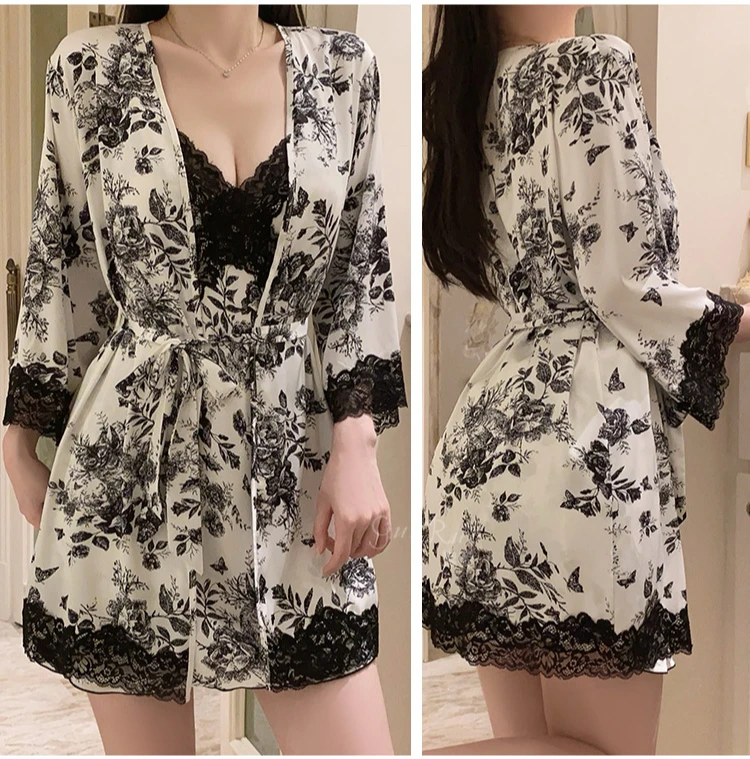 

Lace Floral Sweet Nighty Sets Female V-Neck Sexy Robe Gown Ice Silk Intimate Lingerie Sleepwear Tempt Sling Nightgown
