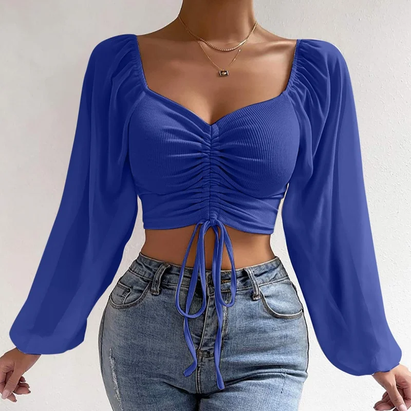 

Chic Bow Lace Up T Shirts Women Temperament Gentle Square Collar Drawstring Long Sleeves Tops Street Style Casual Lady T Shirt