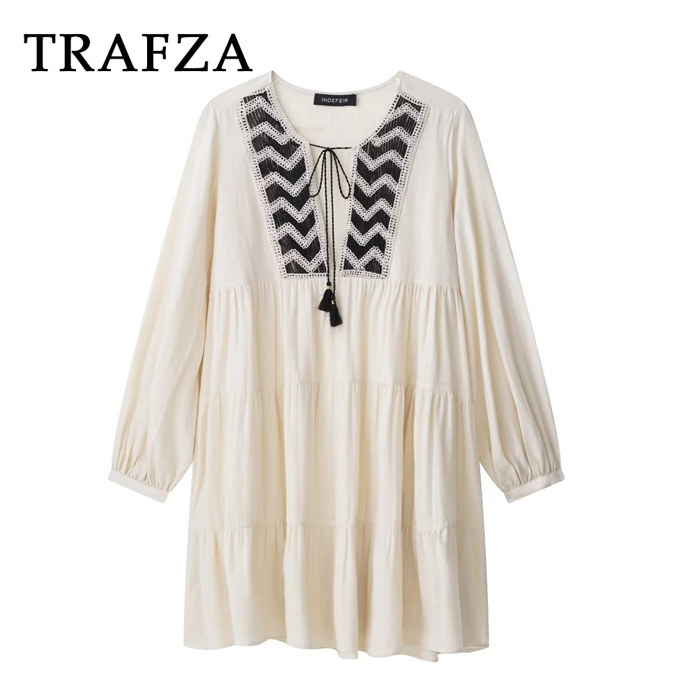 

TRAFZA Vintage Bohe Casual Oversized Woman Dresses Embroidery Patchwork V-Neck Mini Dress Fashion 2025 Holiday Female Vestidos