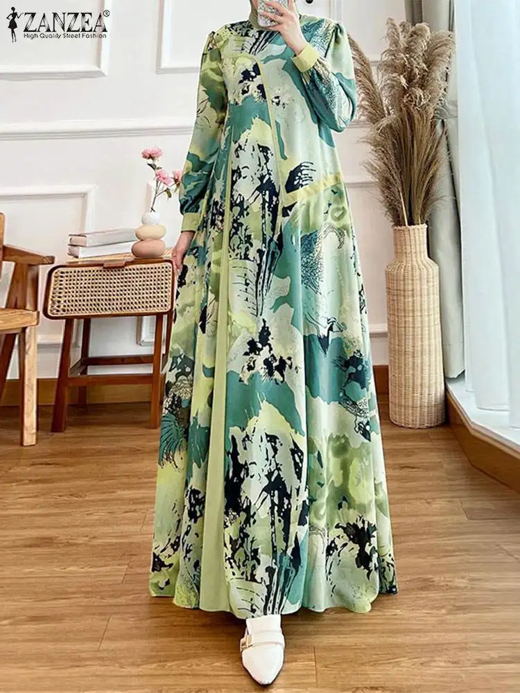 Zanzea Herbst mode Langarm gedruckt Vestidos Robe Femme Bohemain Patchwork Maxi langes Kleid Muslim Abaya Casual Kaftan 2024