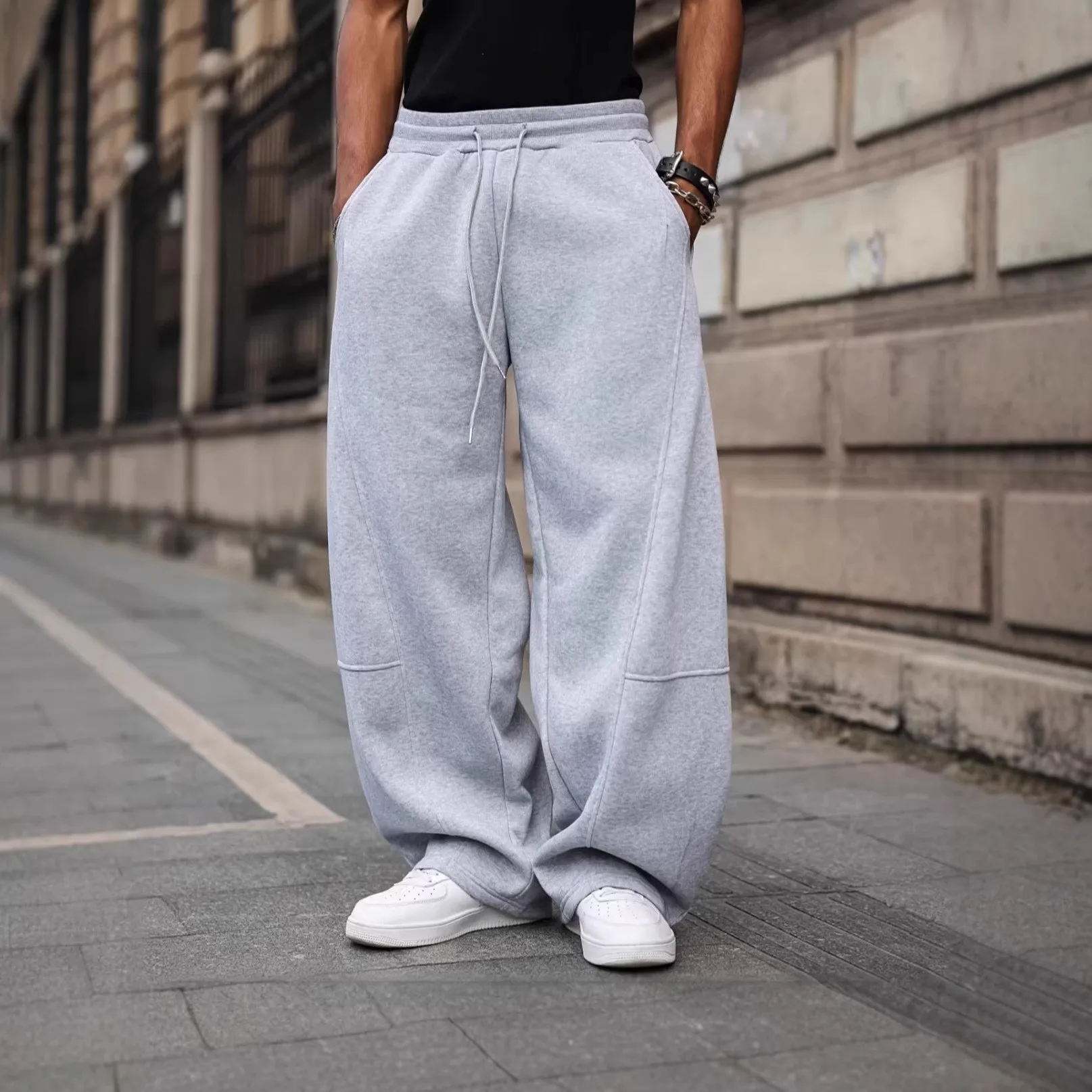 Streetwear Solid Black Pants High Waist Wide Trousers Fleece Side Pockets Casual Pants Drawstring Cuffed Straight Leg Pants