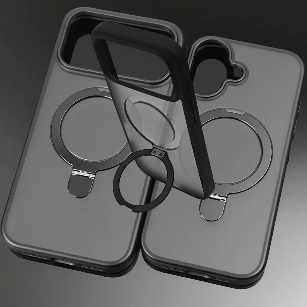 Metal Ring Stand Matte Magnetic Case for Magsafe iPhone 17 Pro Max/17Pro/17Air with Lens Protector For Magsafe Wireless Charging
