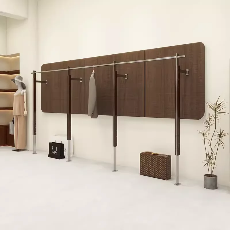 Floor-to-ceiling upper wall rack Solid wood black walnut New Chinese stainless steel women's clothing store hanger