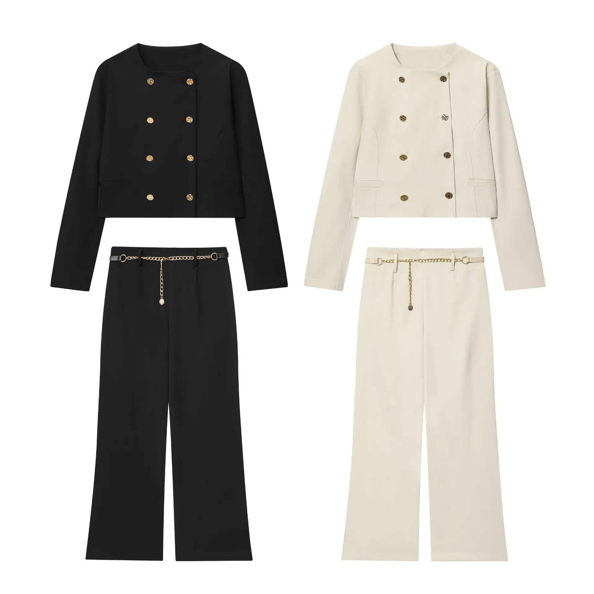 European and American style women's clothing autumn new fashion short style double breasted suit jacket high waisted pants