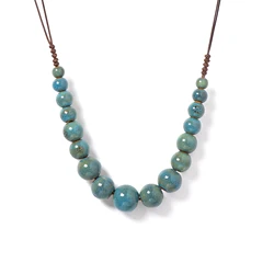 Lake Blue Handmade Ceramic Necklace Adjustable 40-80cm, Minimalist Wax Cord Jewelry with 18mm Glazed Beads 1129