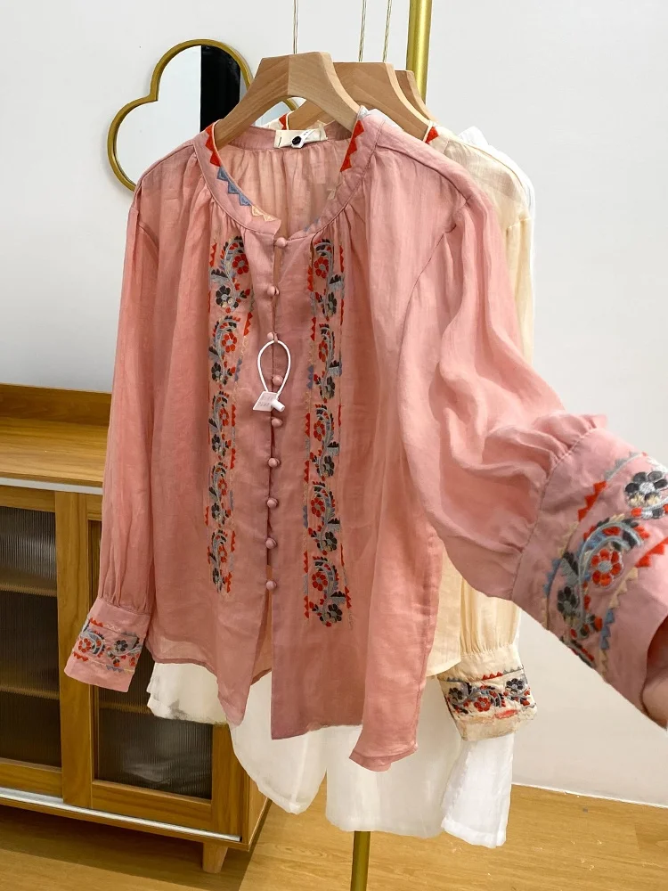 

Retro Heavy Embroidery Flower Linen Women's irt Summer Thin Cotton Linen Sun Protection Lantern Sve Loose Fit Button up