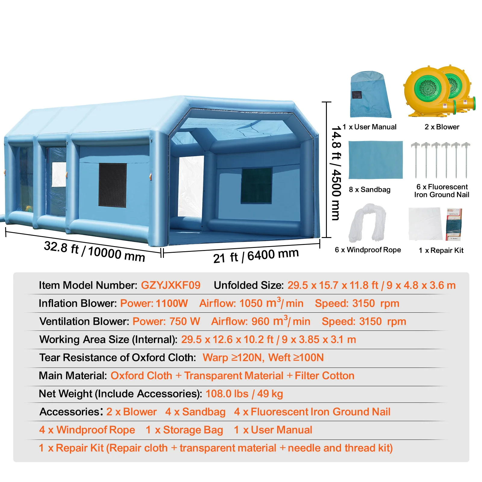 SucceBuy Opblaasbare Spuitcabine met Krachtige Blowers en Luchtfiltersysteem, Draagbare Autospuitcabine