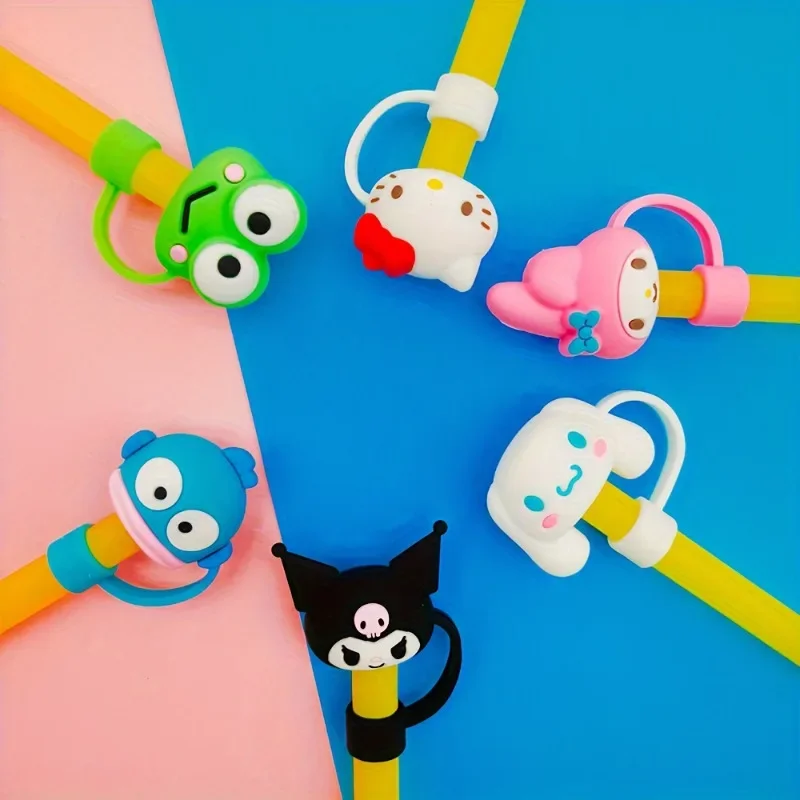 6 pçs sanrio melodia tampa de palha à prova de poeira kuromi olá kitty kawaii dos desenhos animados silicone 10mm tampa de palha palha copo de água acessórios