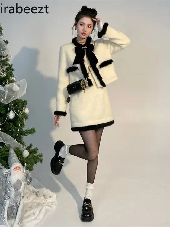 Autumn and Winter Festival Atmosphere Premium Eelgant Thick Coat with Half Skirt Two-piece Set Conjuntos Feminino Elegante