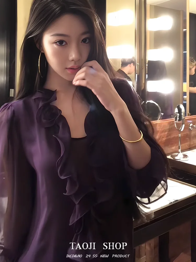 

Elegant Purple Lace Trim V-Neck Thin Shirt Spring Design Unique Top for Women Commute Style Korean Loose Fit Seven Sleeve