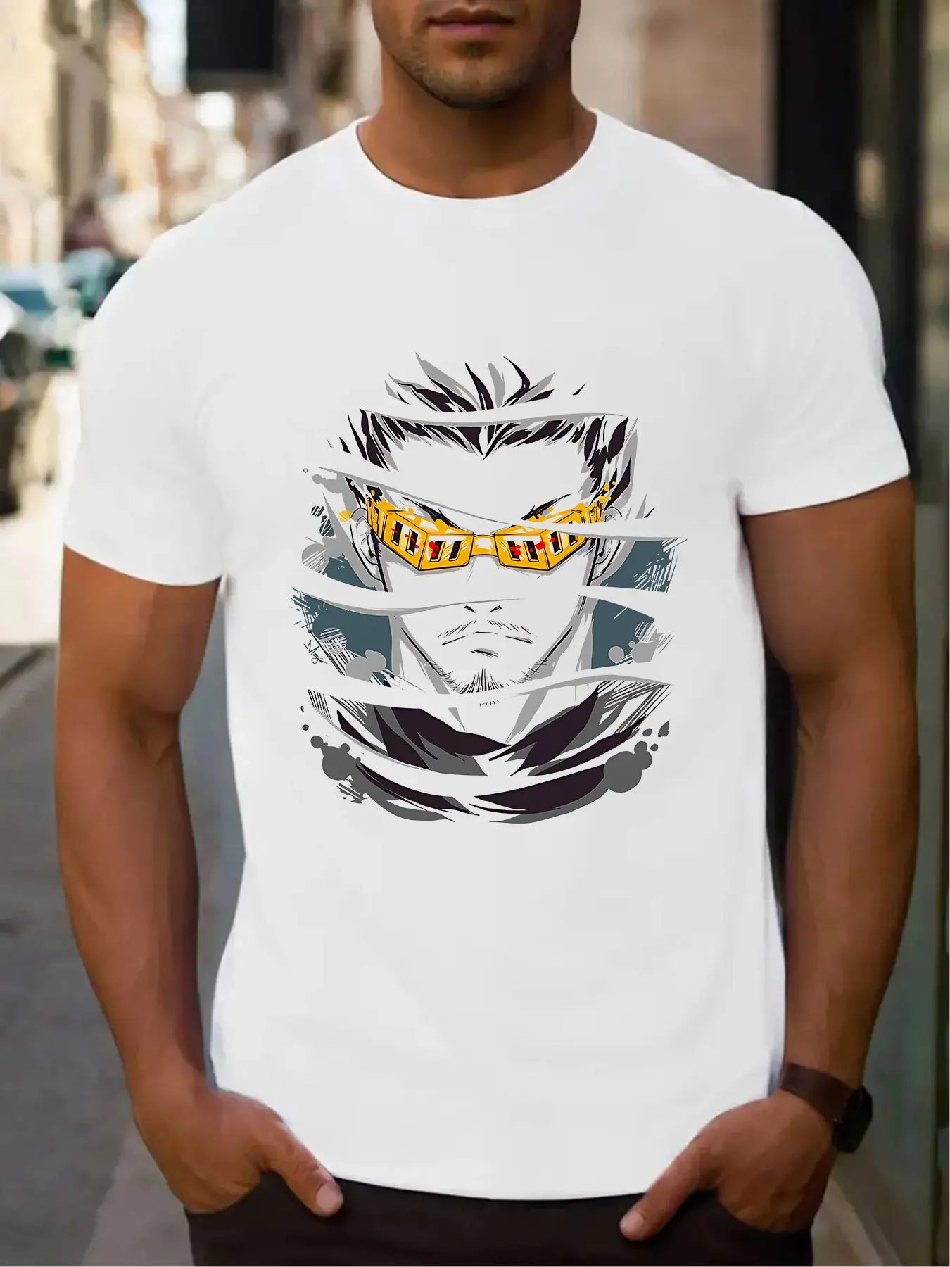 Men's Cotton T-shirt Anime Character Split Print Streetwear Casual Crew Neck Tee for Daily Wear