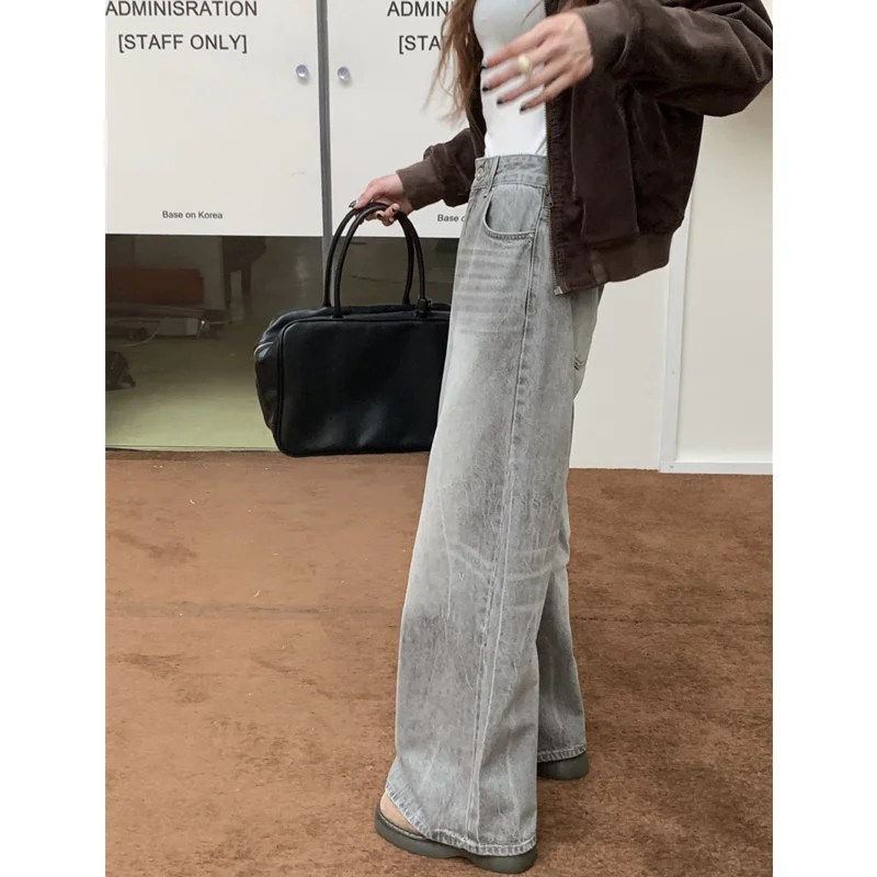 Summer Grey Womens Jeans High Waist Baggy Casual Vintage Y2K Trend Straight Cargo Pants Street American Wide Leg Denim Trouser