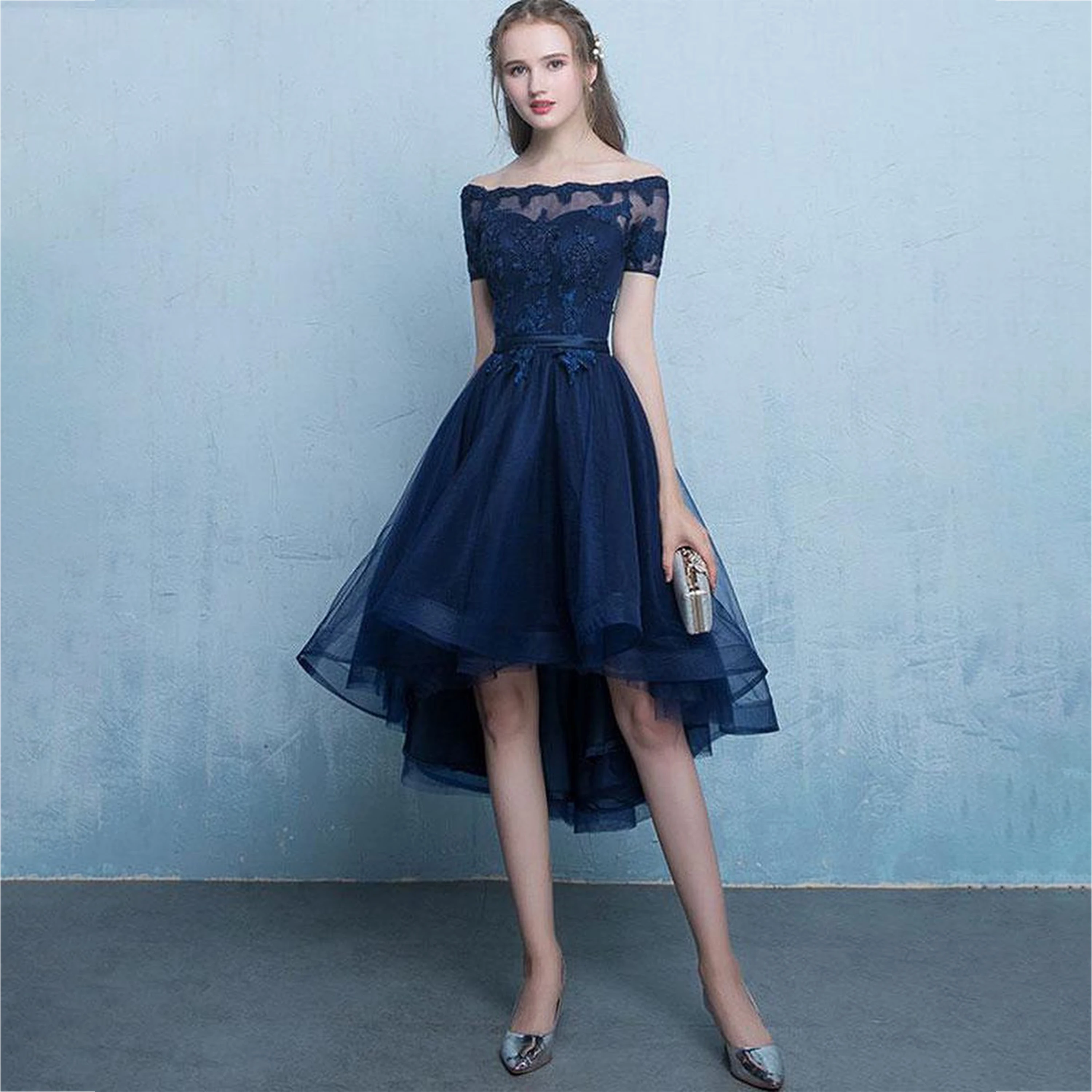Mina Short Sleeve Long Prom Dresses 2026 Multi-layer Evening Luxury Dress for Wedding Guests High and Low Customized Boat Collar