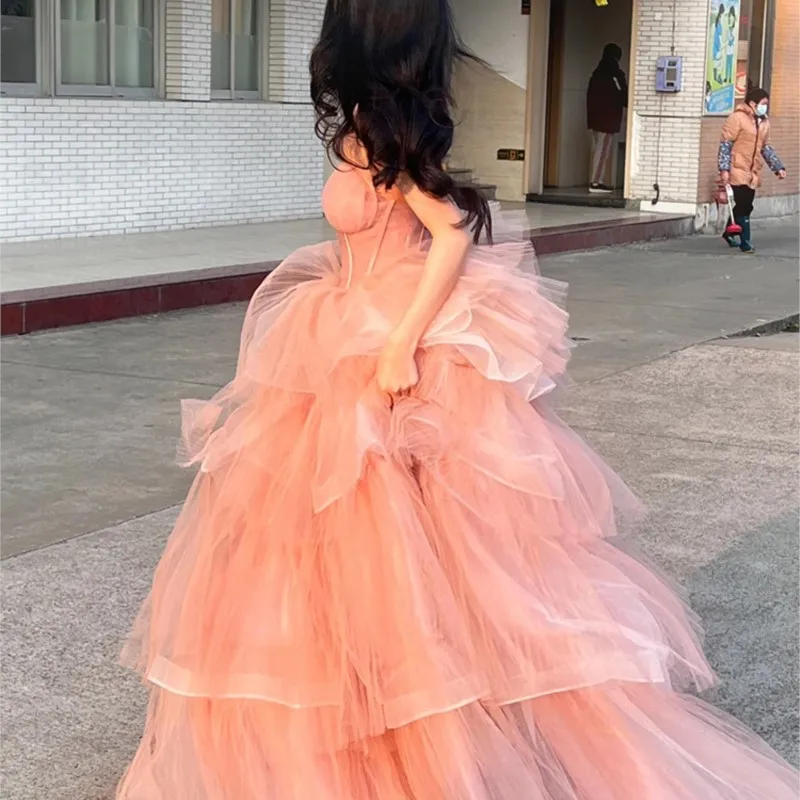 Pink Evening Dress for Women Light Luxury Minority Tube Top Adult Ceremony Graduation Student Day Pettiskirt