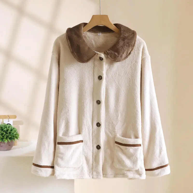 Women Flannel Thick Homewear Tops Sleepwear Color Blocking Warm Lapel Loungewear Pajamas Thicken Coral Fleece Comfy Nightwear