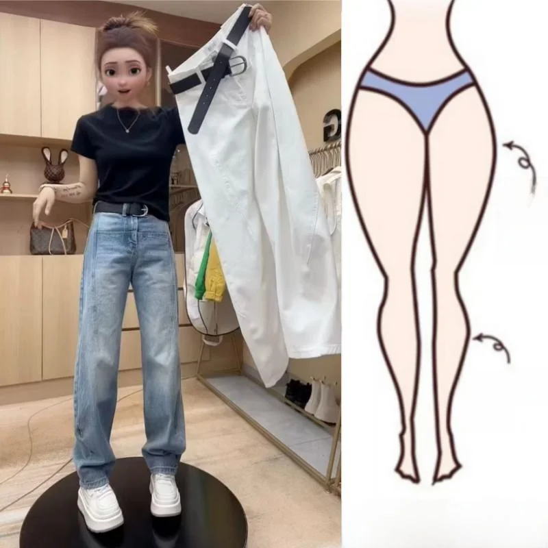 Cintura alta emagrecimento denim jeans feminino primavera 2025 na moda reta ket faca elástica versão estreita mais tamanho