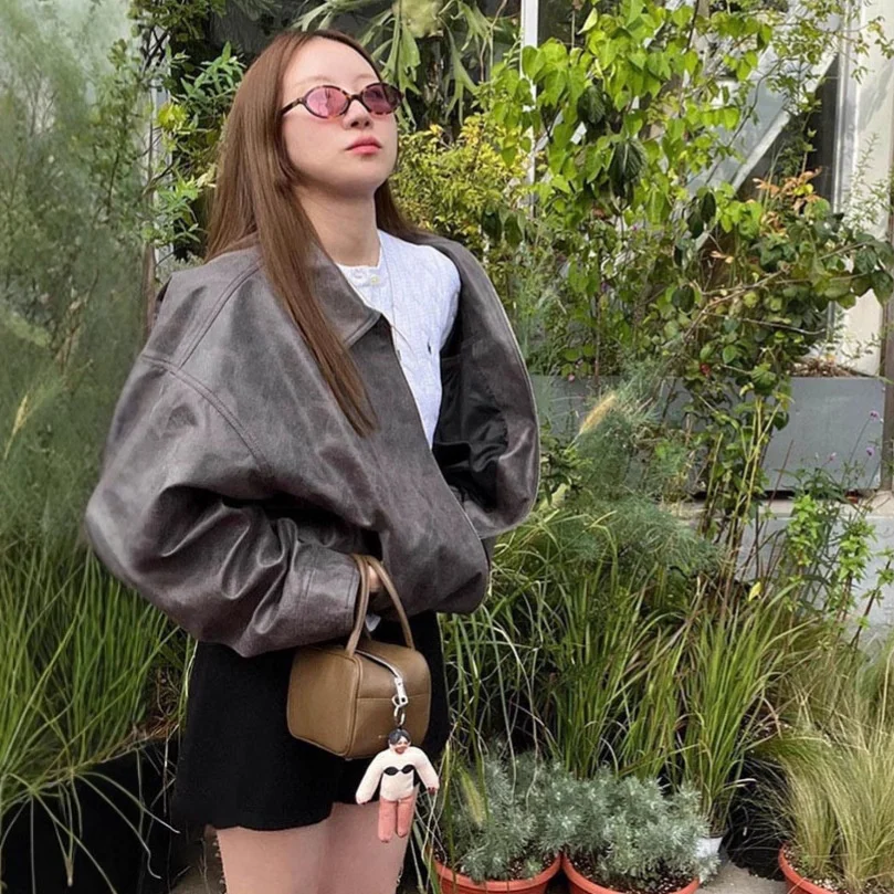 Le25 Herbst Sle Loose Fit Klassische Reine Farbe Kragen Leder Jaet Koreanische Faion Lange Sve Ci Walk Jugend Oberbekleidung