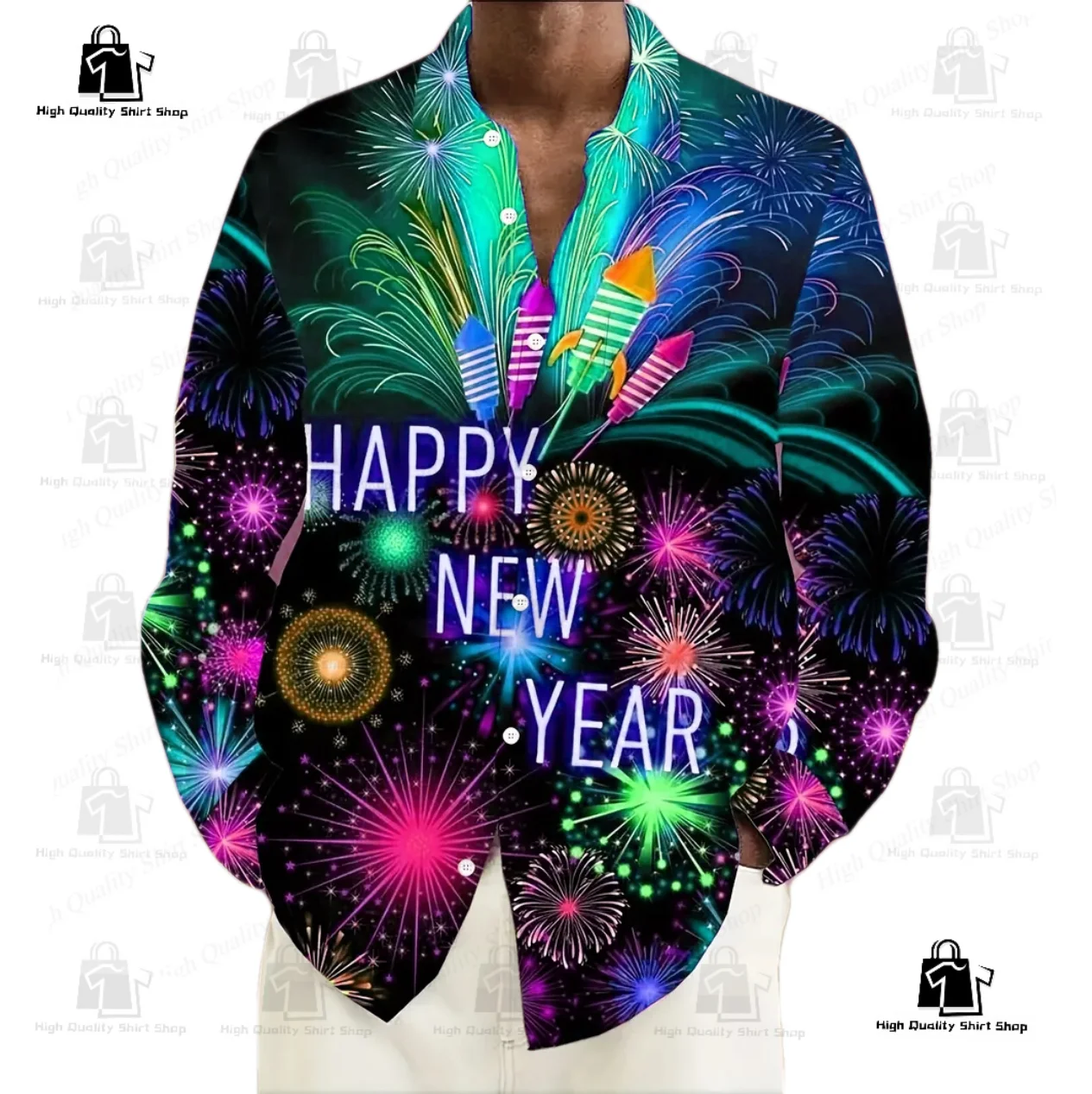 Christmas shirt fireworks graphic men\'s shirt high-definition design fashionable breathable long sleeved shirt button design