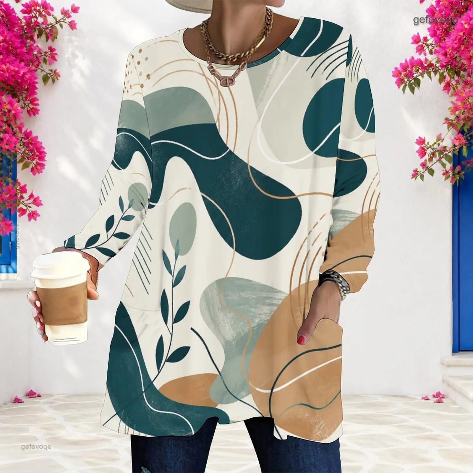 Women Pastel Abstract Brush Leaf Printed Round Neck Long Sleeve Loose Longline Top with Pockets