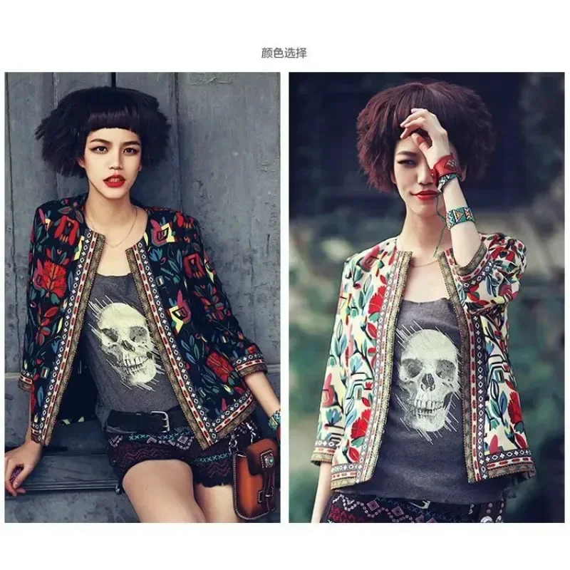 Hot selling new embroidered ethnic style printed short jacket with three quarter sleeves denim jacket women