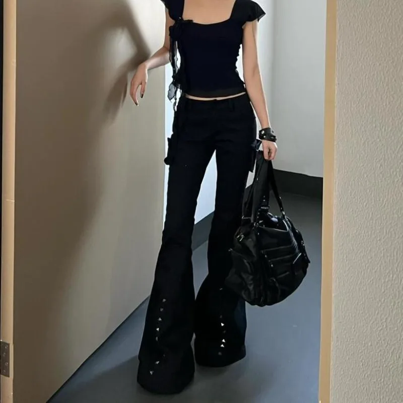 

Deeptown Y2K черные винтажные женские расклешенные джинсы в стиле панк Harajuku американский стиль 2000-х годов узкие джинсовые брюки готическая уличная одежда Gyaru