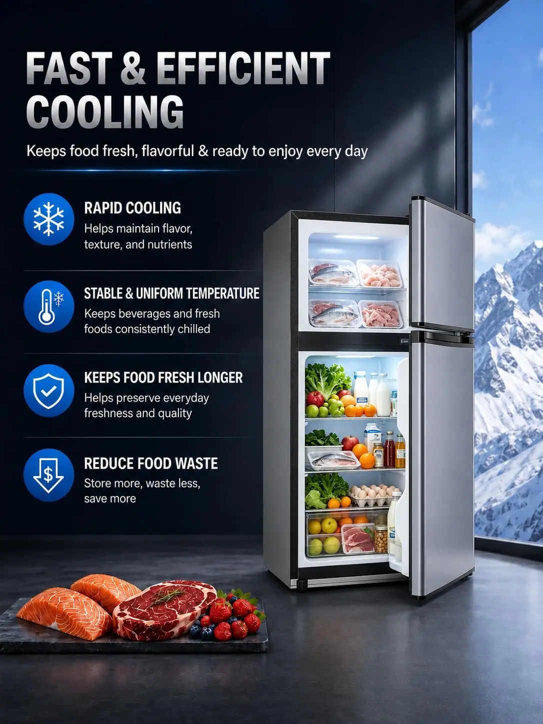 3.6 Cu.Ft Mini Fridge Freezer 2-Door Quiet 38dB 6-Level Thermostat Adjustable Shelves Lockable for Dorm Office, Customized