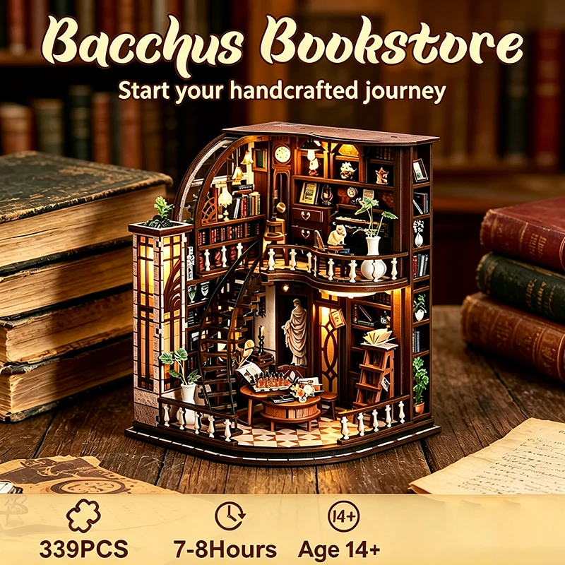 DIY Wooden Bacchus Bookstore Casa Figurines Miniatures Bookend Assembled Houses for Friends Birthday Gifts Home Decoration