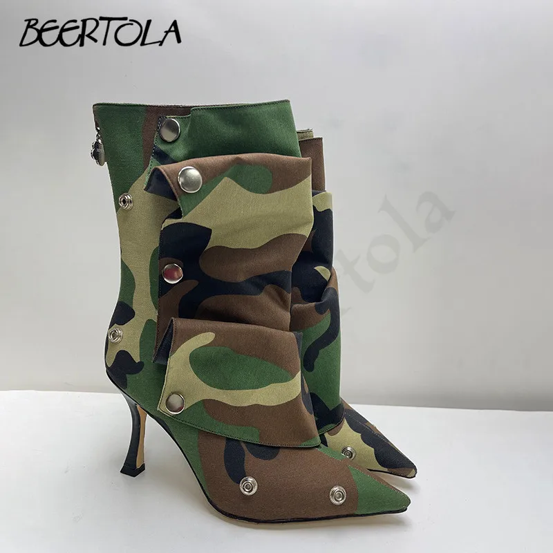 Stivali corti con cuciture a rivetto in metallo tacchi a spillo con punta a punta stivali moda a due vie con cerniera posteriore scarpe da donna