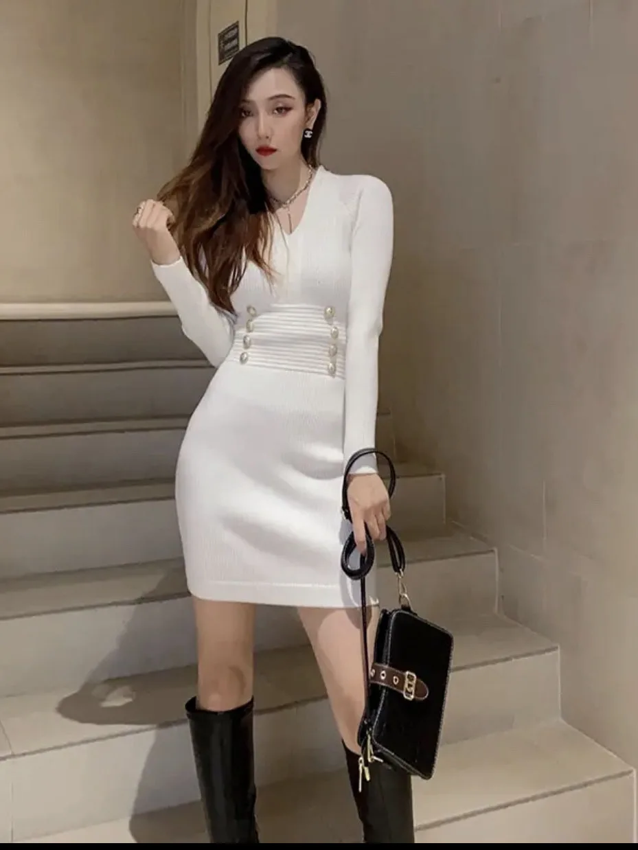 Ele v-ne malha dr feminino outono inverno novo sle pequena fraança vento cintura dentro camada base envoltório em torno da saia