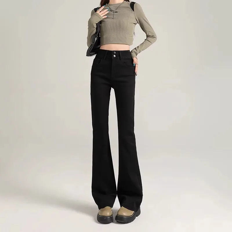 High Waist Bell Bottom Jeans Women's Autumn Winter Warm Thick Cotton Stretch Denim Double Buckle Slimming Floor Length