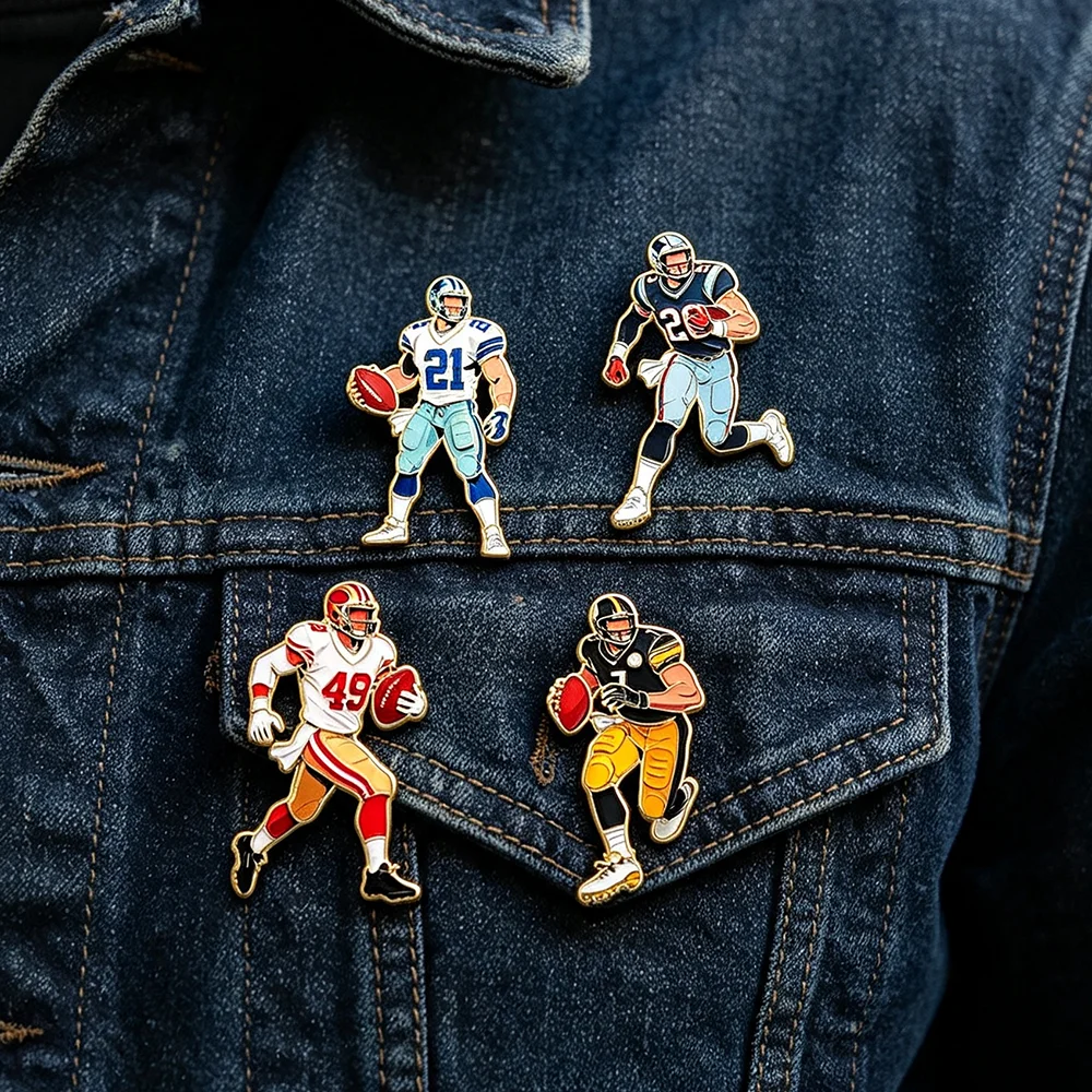 4Pcs American Football Player Ename Pins Set for Boys Cool Sports Character Lapel Brooches Collectible Gifts for Backpacks view 4